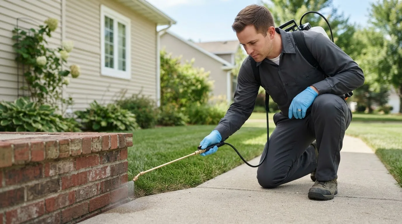 Pest control technician treating a home near Newdale, ID