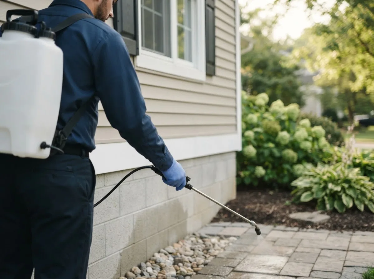 Pest control technician inspecting a home in Newdale, ID